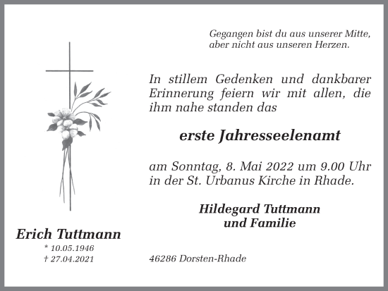 Traueranzeige von Erich Tuttmann von Ruhr Nachrichten und Dorstener Zeitung