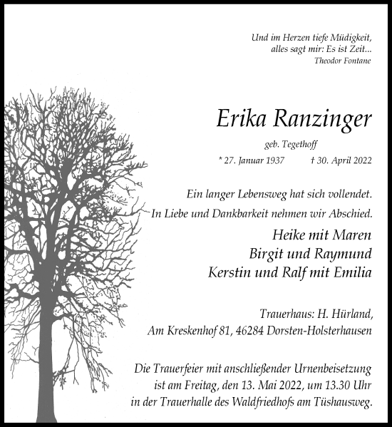 Traueranzeige von Erika Ranzinger von Ruhr Nachrichten und Dorstener Zeitung
