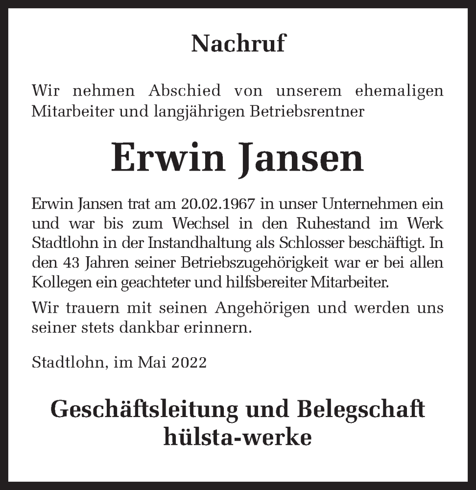  Traueranzeige für Erwin Jansen vom 16.05.2022 aus Münstersche Zeitung und Münsterland Zeitung