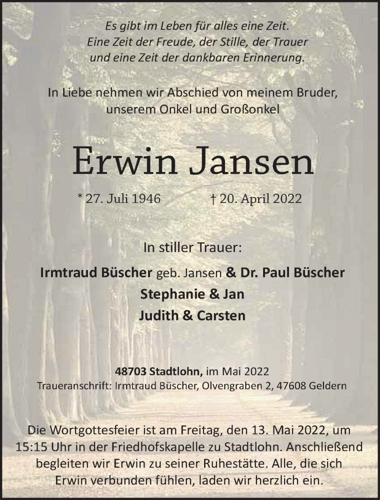  Traueranzeige für Erwin Jansen vom 07.05.2022 aus Münstersche Zeitung und Münsterland Zeitung