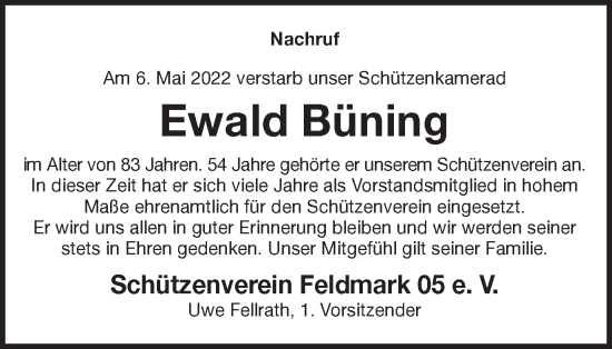 Traueranzeige von Ewald Büning von Münstersche Zeitung und Münsterland Zeitung