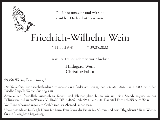 Traueranzeige von Friedrich-Wilhelm Wein von Ruhr Nachrichten