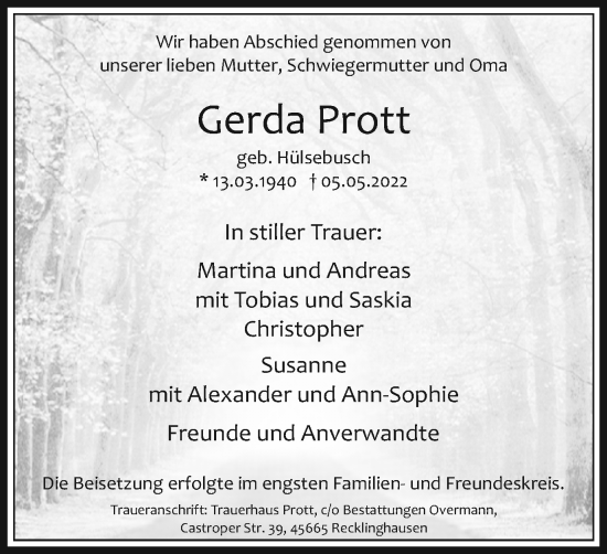 Traueranzeige von Gerda Prott von Medienhaus Bauer