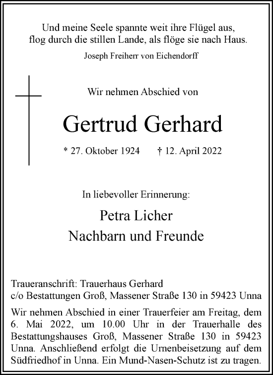 Traueranzeige von Gertrud Gerhard von Hellweger Anzeiger