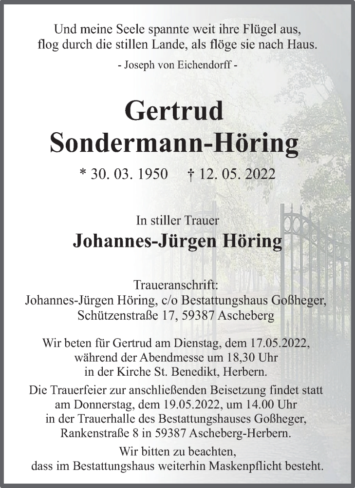  Traueranzeige für Gertrud Sondermann-Höring vom 14.05.2022 aus Ruhr Nachrichten