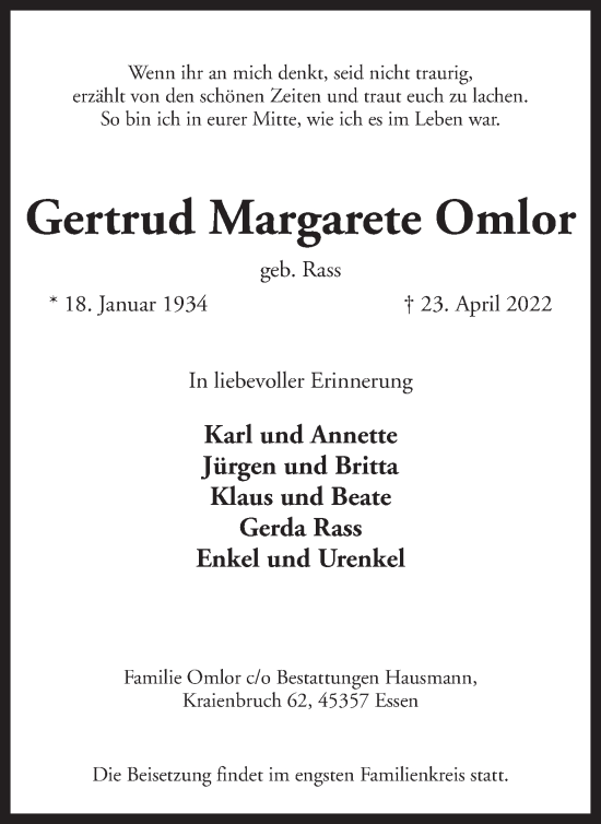 Traueranzeige von Gertrud Margarete Omlor von Ruhr Nachrichten und Dorstener Zeitung