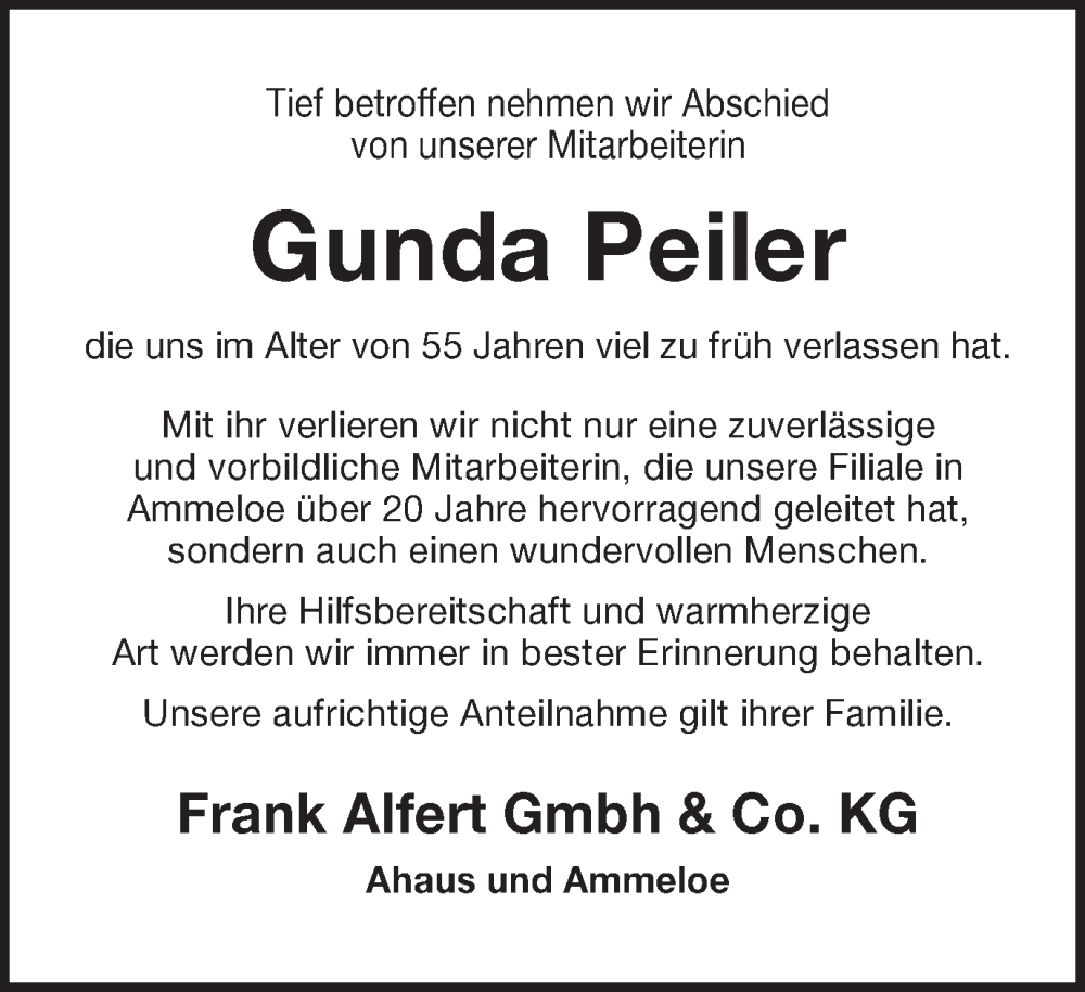  Traueranzeige für Gunda Peiler vom 13.05.2022 aus Münstersche Zeitung und Münsterland Zeitung