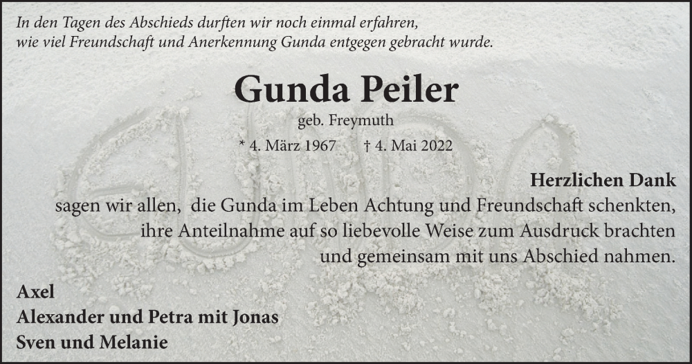  Traueranzeige für Gunda Peiler vom 25.05.2022 aus Münstersche Zeitung und Münsterland Zeitung