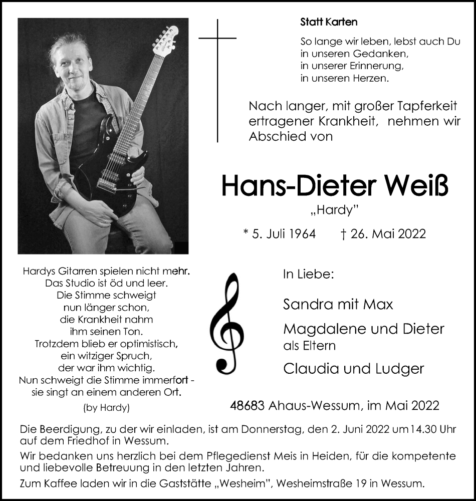  Traueranzeige für Hans-Dieter Weiß vom 30.05.2022 aus Münstersche Zeitung und Münsterland Zeitung