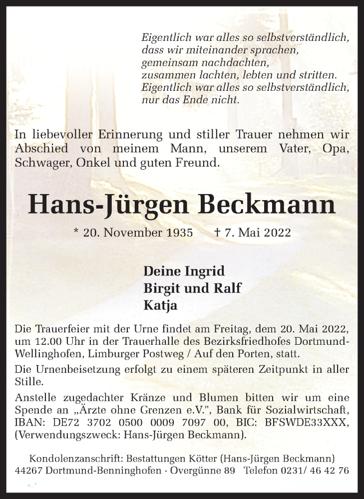  Traueranzeige für Hans-Jürgen Beckmann vom 16.05.2022 aus 