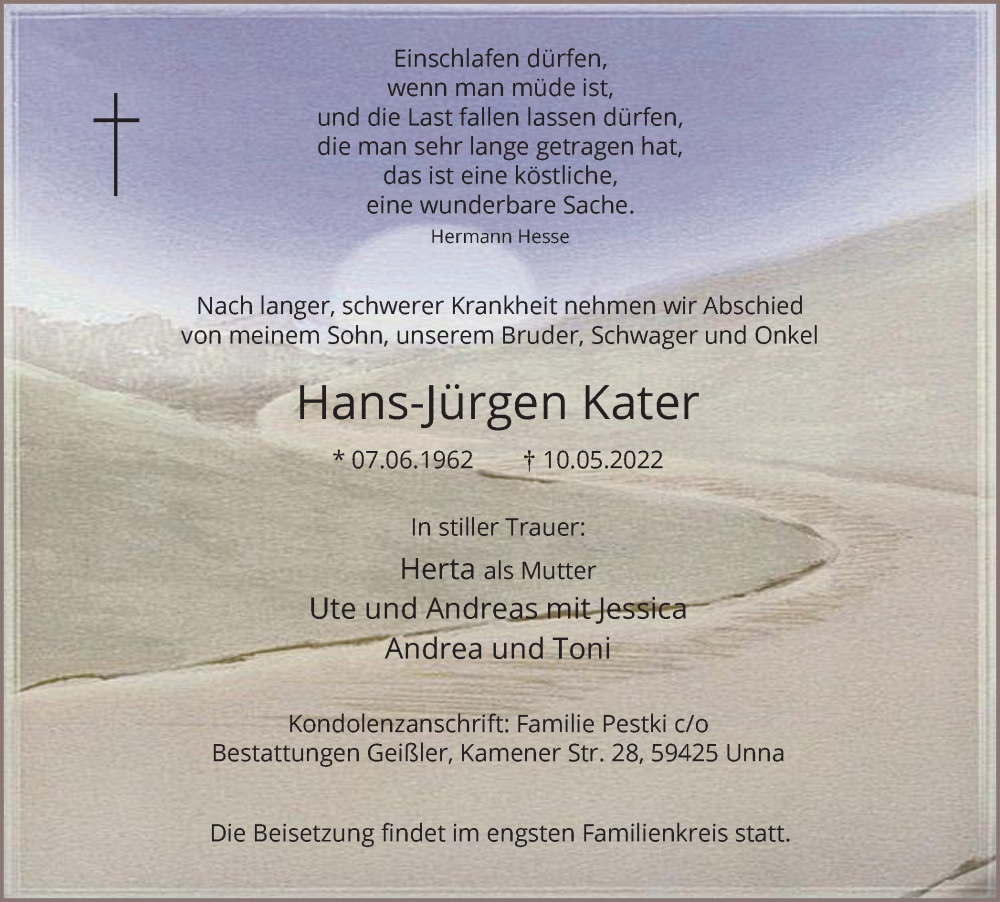  Traueranzeige für Hans-Jürgen Kater vom 14.05.2022 aus Hellweger Anzeiger
