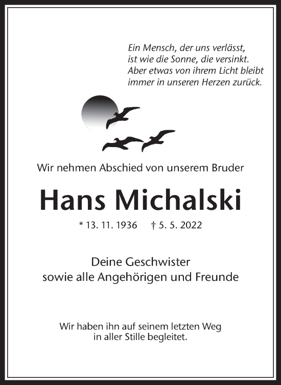 Traueranzeige von Hans Michalski von Medienhaus Bauer