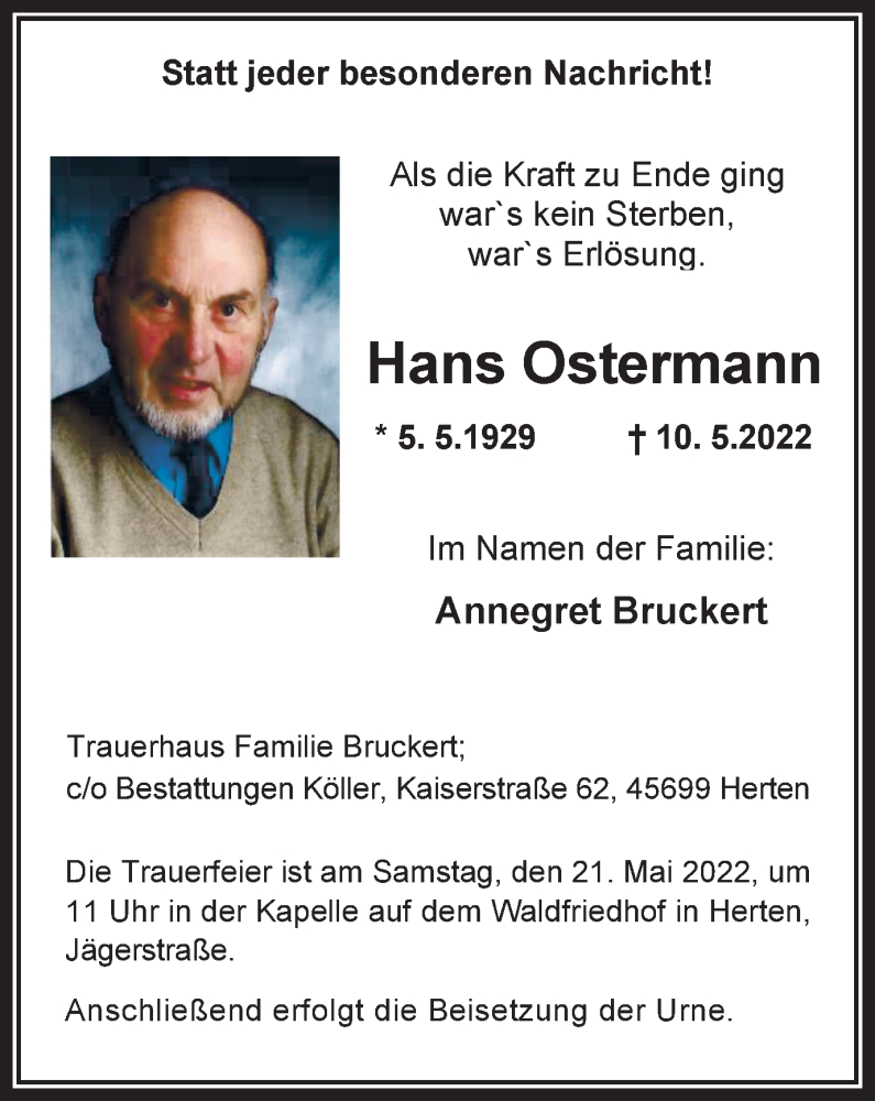  Traueranzeige für Hans Ostermann vom 14.05.2022 aus Medienhaus Bauer