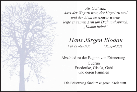 Traueranzeige von Hans Jürgen Blodau von Medienhaus Bauer