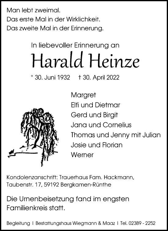 Traueranzeige von Harald Heinze von Hellweger Anzeiger