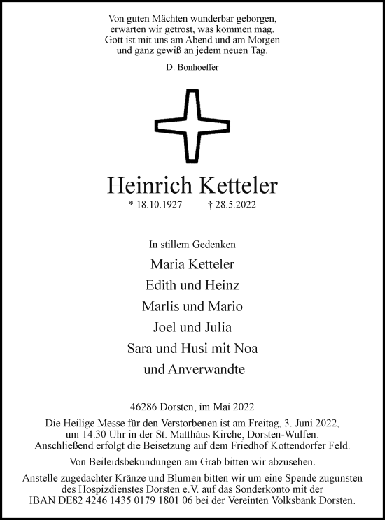 Traueranzeige von Heinrich Ketteler von Ruhr Nachrichten und Dorstener Zeitung