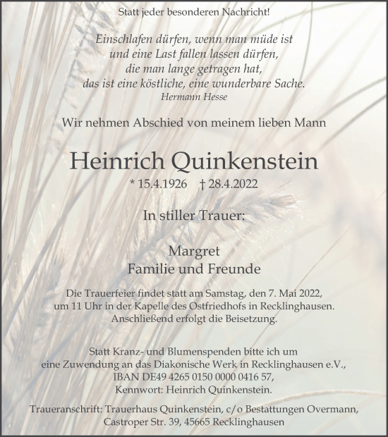 Traueranzeige von Heinrich Quinkenstein von Medienhaus Bauer