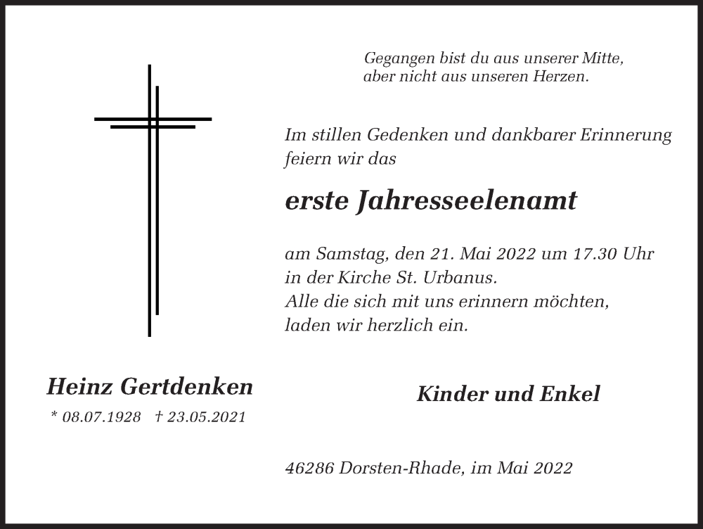  Traueranzeige für Heinz Gertdenken vom 19.05.2022 aus Ruhr Nachrichten und Dorstener Zeitung