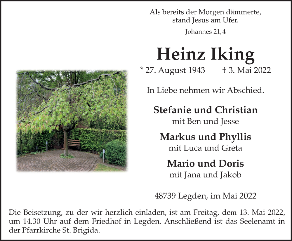  Traueranzeige für Heinz Iking vom 07.05.2022 aus Münstersche Zeitung und Münsterland Zeitung