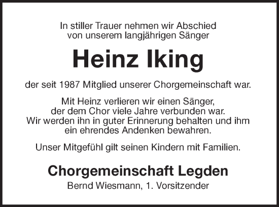 Traueranzeige von Heinz Iking von Münstersche Zeitung und Münsterland Zeitung