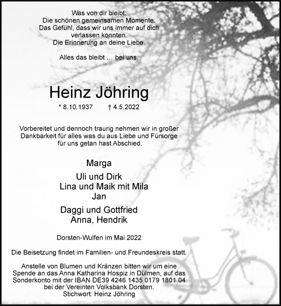 Traueranzeige von Heinz Jöhring von Ruhr Nachrichten und Dorstener Zeitung
