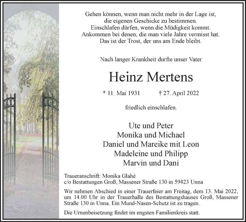  Traueranzeige für Heinz Mertens vom 07.05.2022 aus Hellweger Anzeiger