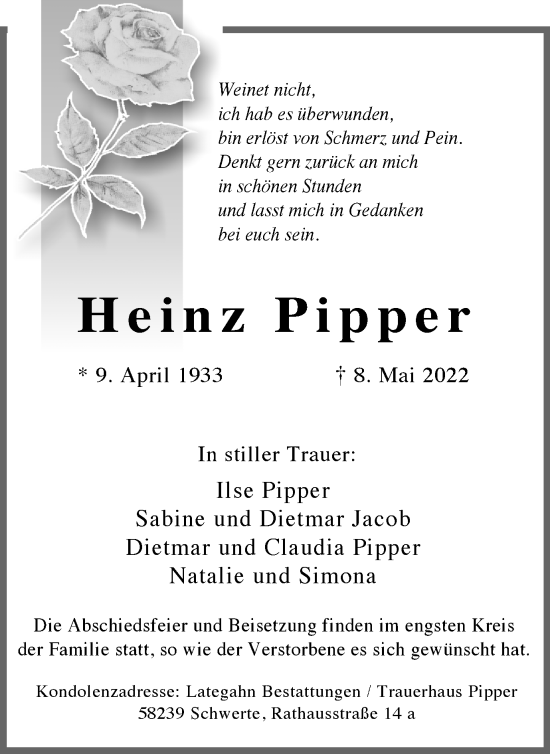 Traueranzeige von Heinz Pipper von Ruhr Nachrichten