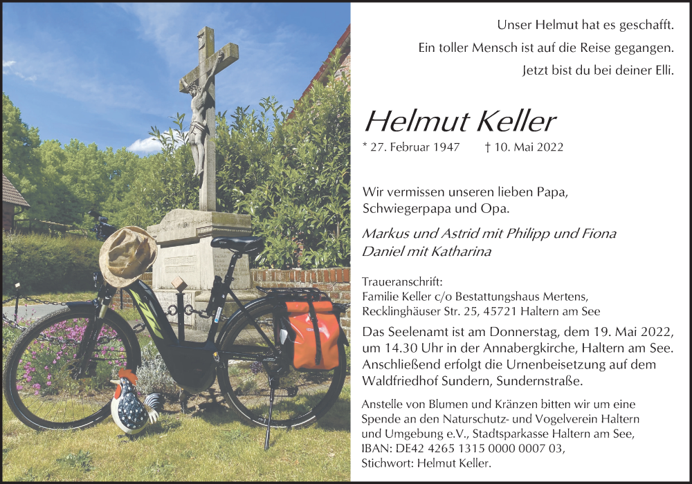  Traueranzeige für Helmut Keller vom 14.05.2022 aus Ruhr Nachrichten und Halterner Zeitung