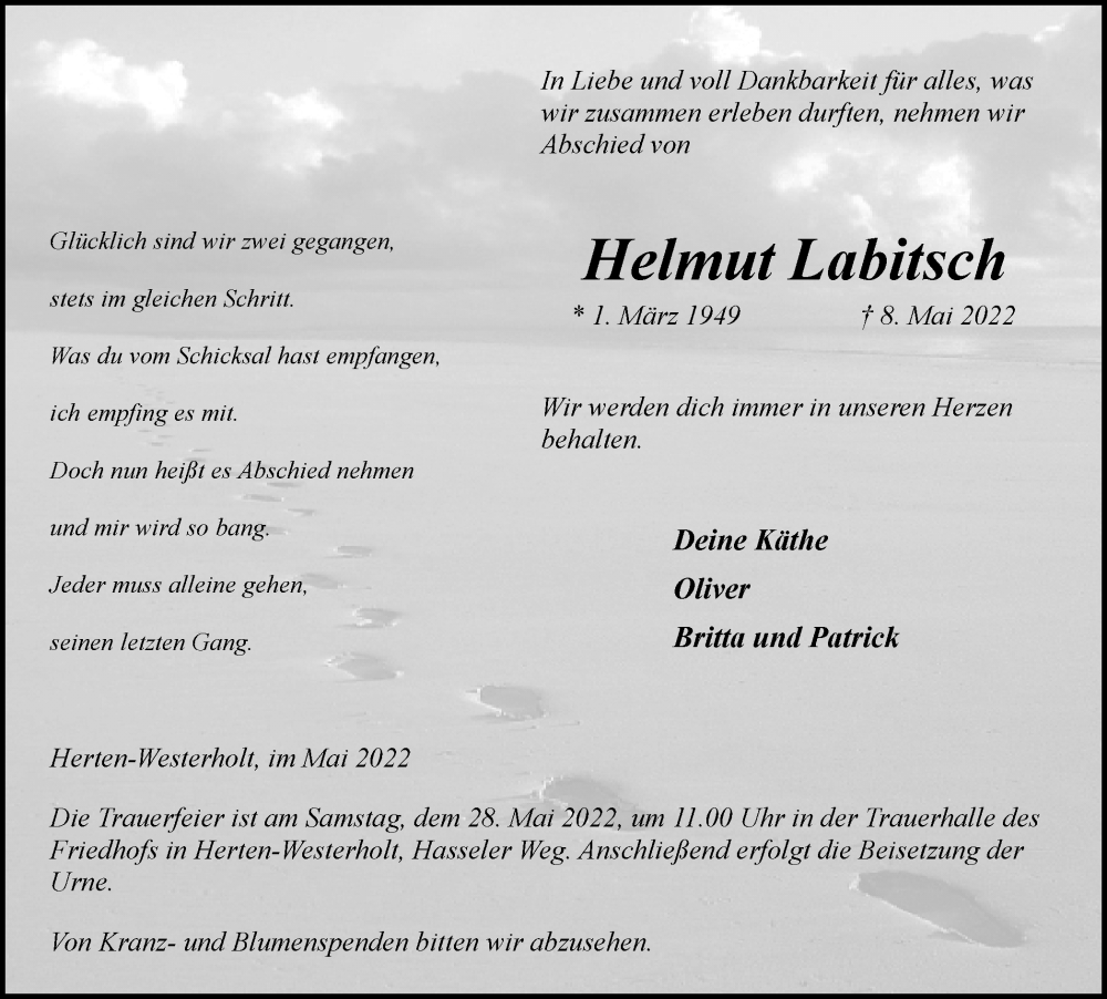  Traueranzeige für Helmut Labitsch vom 23.05.2022 aus Medienhaus Bauer