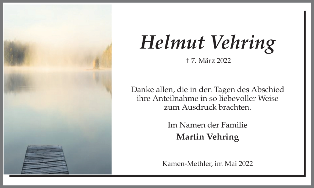  Traueranzeige für Helmut Vehring vom 14.05.2022 aus Hellweger Anzeiger