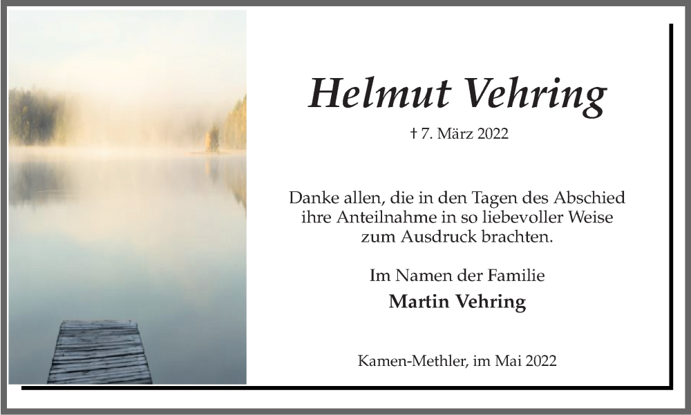  Traueranzeige für Helmut Vehring vom 14.05.2022 aus 