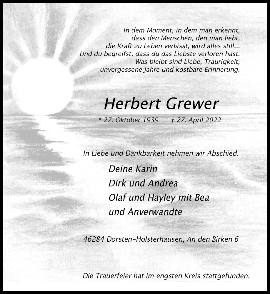  Traueranzeige für Herbert Grewer vom 07.05.2022 aus Ruhr Nachrichten und Dorstener Zeitung