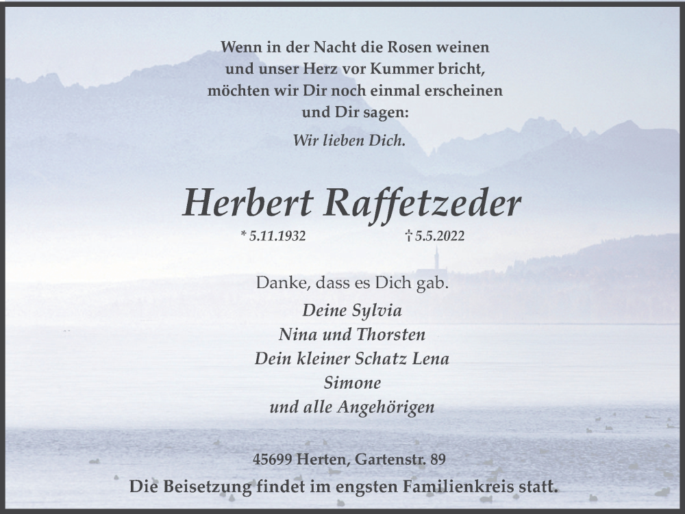  Traueranzeige für Herbert Raffetzeder vom 07.05.2022 aus Medienhaus Bauer