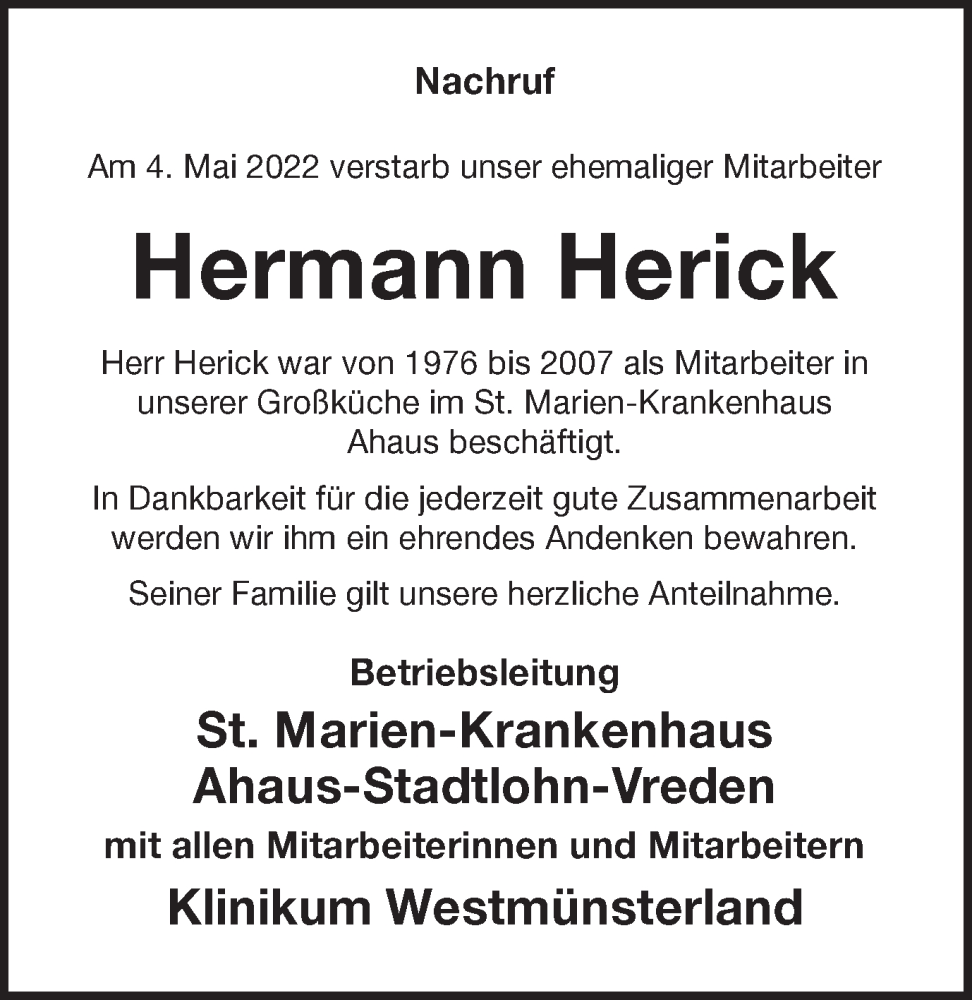  Traueranzeige für Hermann Herick vom 11.05.2022 aus Münstersche Zeitung und Münsterland Zeitung