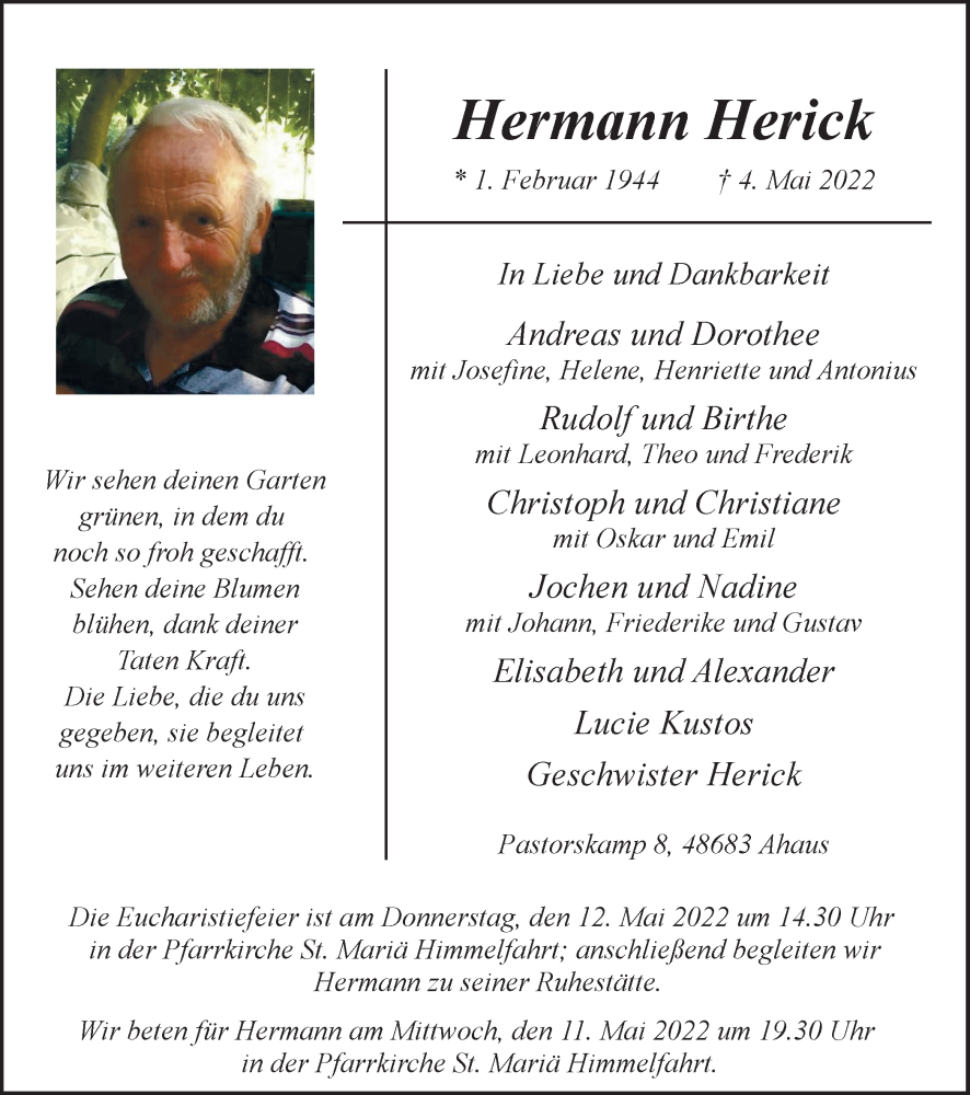  Traueranzeige für Hermann Herick vom 07.05.2022 aus Münstersche Zeitung und Münsterland Zeitung