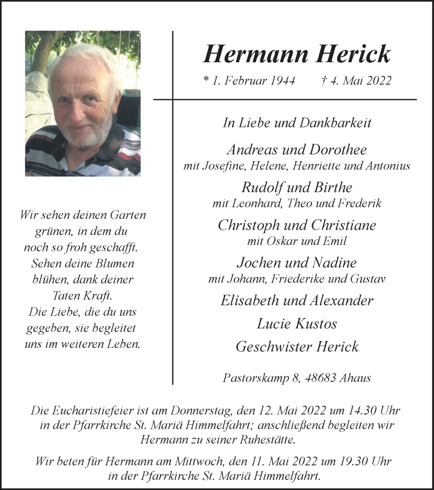  Traueranzeige für Hermann Herick vom 07.05.2022 aus Hellweger Anzeiger