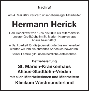 Traueranzeige von Hermann Herick von Münstersche Zeitung und Münsterland Zeitung