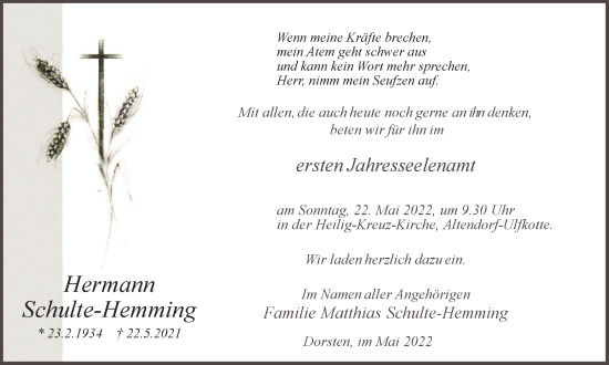 Traueranzeige von Hermann Schulte-Hemming von Ruhr Nachrichten und Dorstener Zeitung