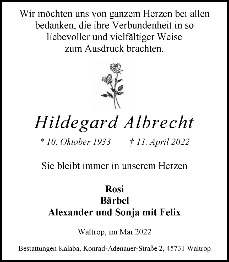  Traueranzeige für Hildegard Albrecht vom 07.05.2022 aus Medienhaus Bauer