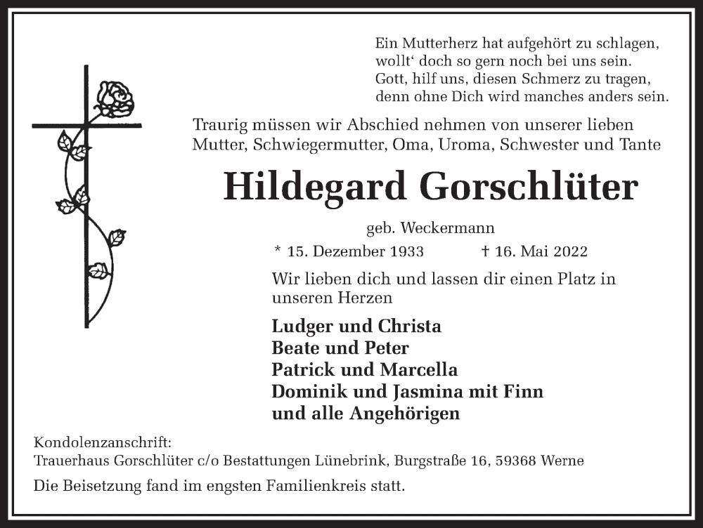  Traueranzeige für Hildegard Gorschlüter vom 25.05.2022 aus Ruhr Nachrichten