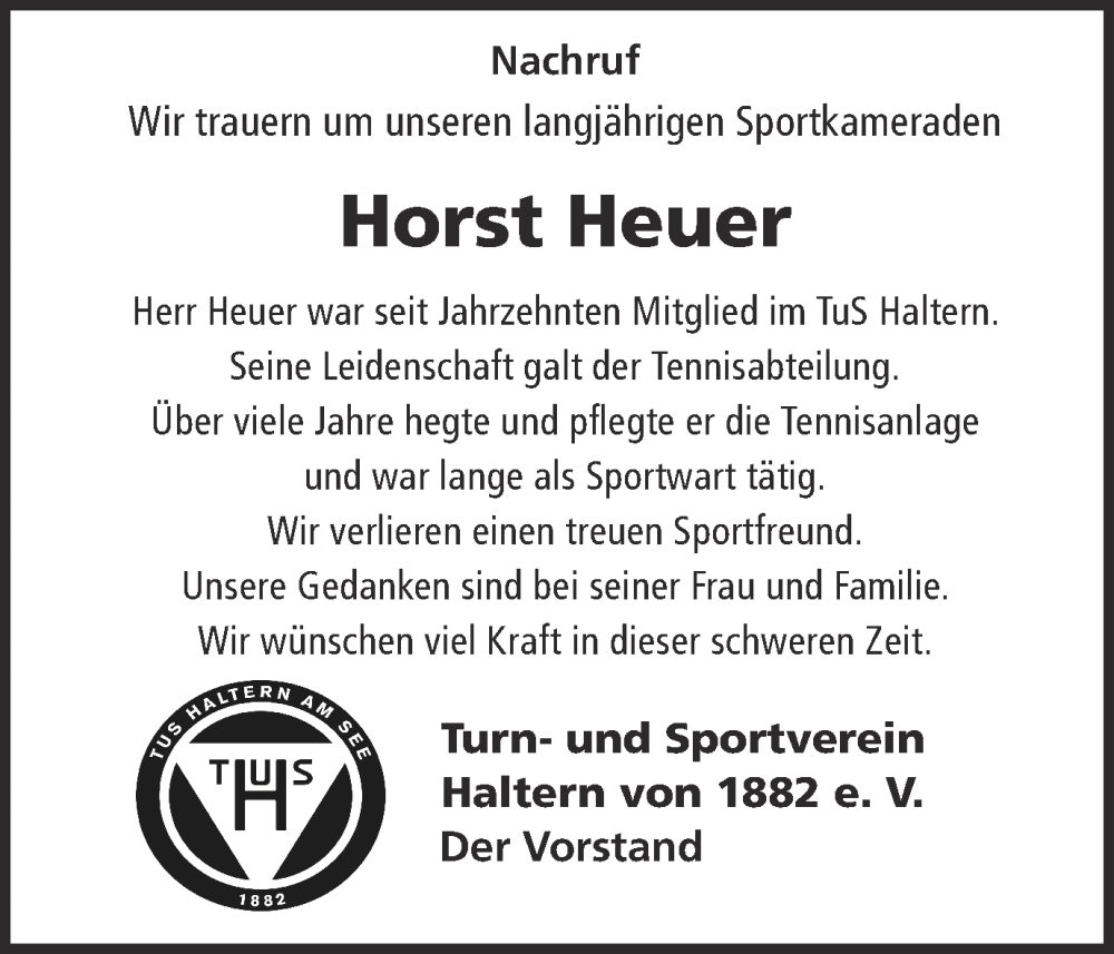  Traueranzeige für Horst Heuer vom 13.05.2022 aus Ruhr Nachrichten und Halterner Zeitung