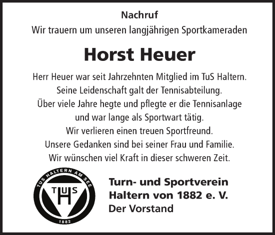 Traueranzeige von Horst Heuer von Ruhr Nachrichten und Halterner Zeitung