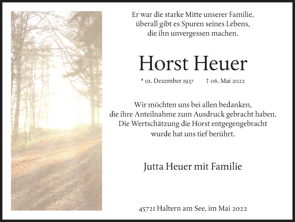  Traueranzeige für Horst Heuer vom 28.05.2022 aus Ruhr Nachrichten und Halterner Zeitung