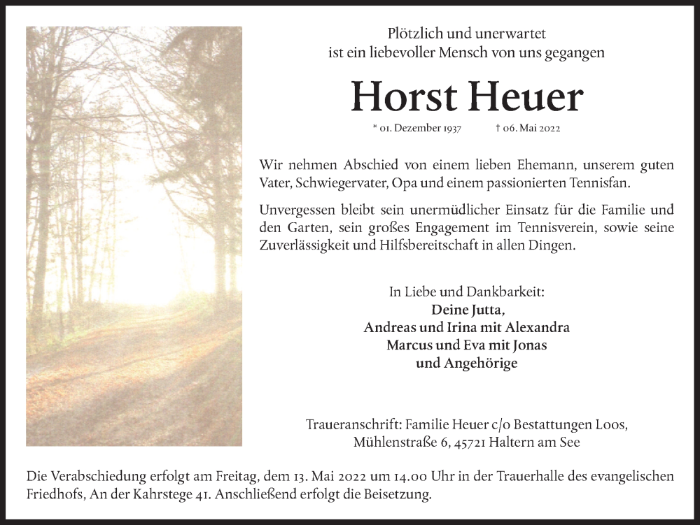  Traueranzeige für Horst Heuer vom 11.05.2022 aus Ruhr Nachrichten und Halterner Zeitung