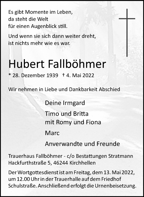 Traueranzeige von Hubert Fallböhmer von Ruhr Nachrichten und Dorstener Zeitung