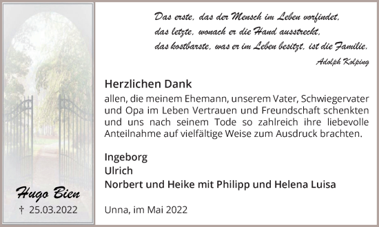 Traueranzeige von Hugo Bien von Hellweger Anzeiger