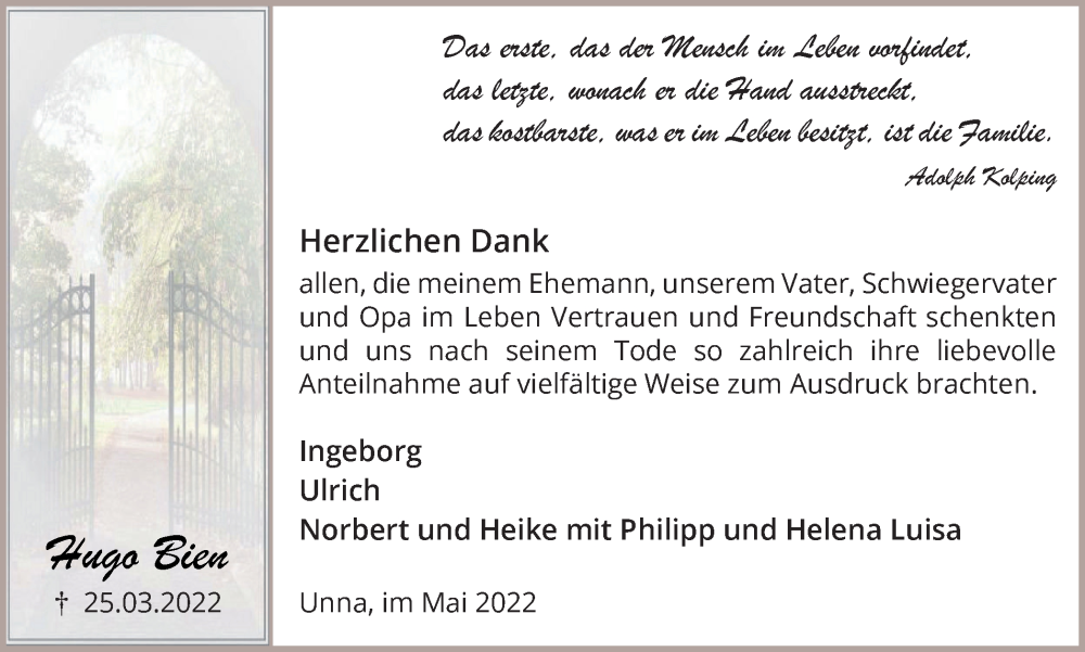  Traueranzeige für Hugo Bien vom 06.05.2022 aus Hellweger Anzeiger