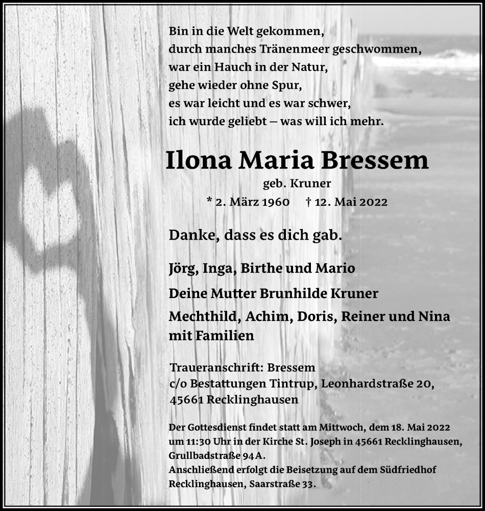  Traueranzeige für Ilona Maria Bressem vom 14.05.2022 aus Medienhaus Bauer