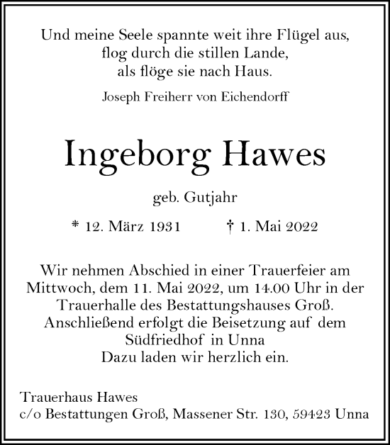 Traueranzeige von Ingeborg Hawes von Hellweger Anzeiger