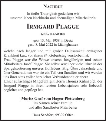 Traueranzeige von Irmgard Plagge von Ruhr Nachrichten